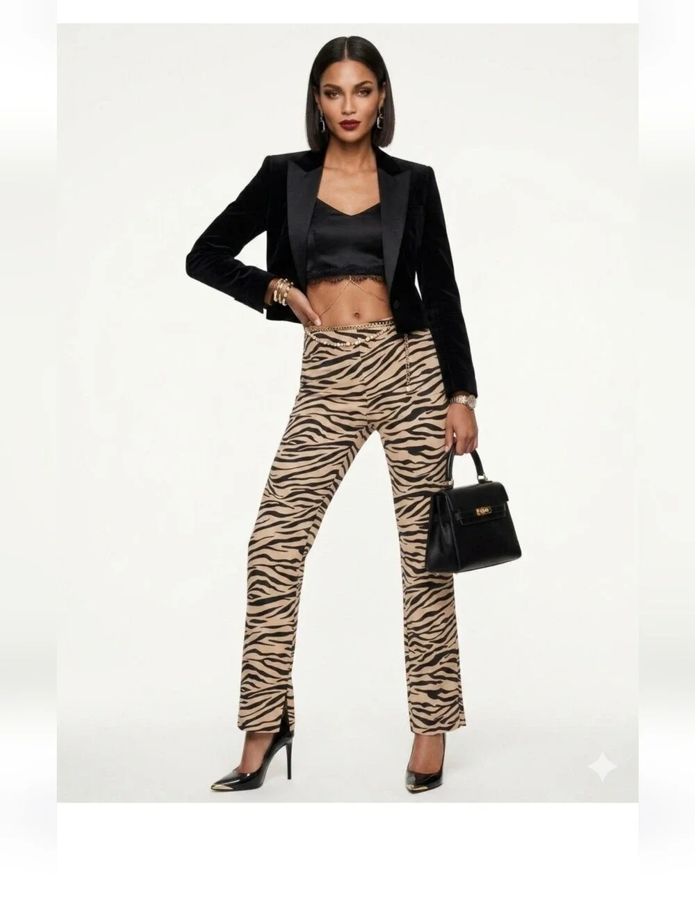 ZARA Women's Zebra Print Split Hem Straight-Leg Pants Viscose Beige Black S - Picture 1 of 13